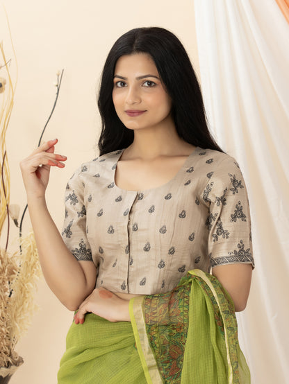 Beige Wild Silk Blouse in Hand Painted Madhubani