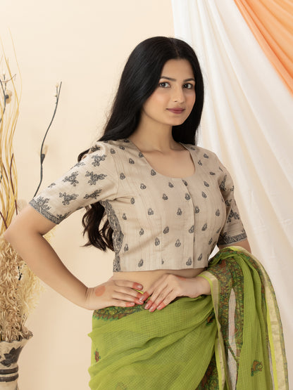 Beige Wild Silk Blouse in Hand Painted Madhubani