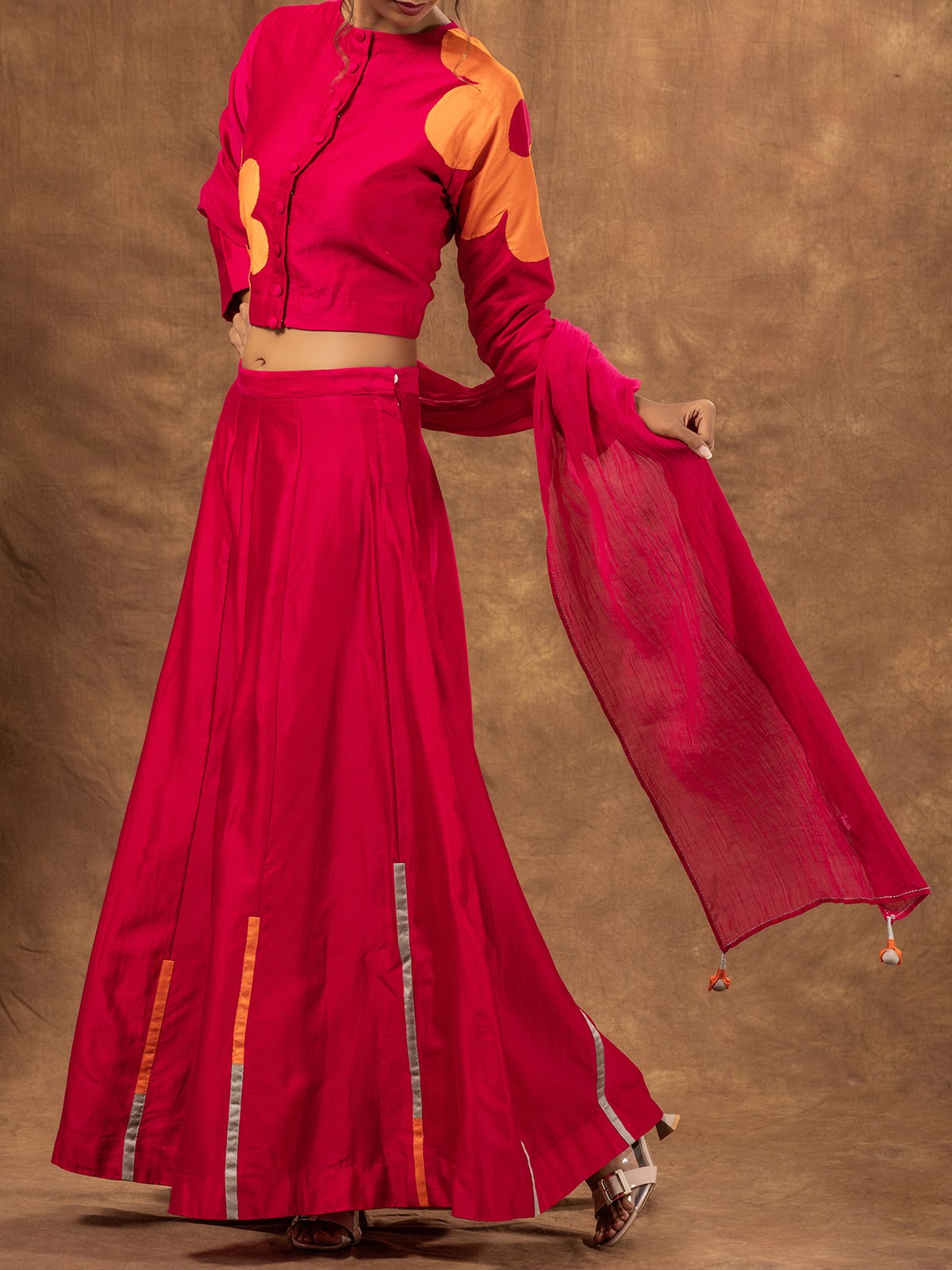 Rani Pink Colour Block Chanderi Skirt. Applique Blouse & Embroidered Tassel Dupatta