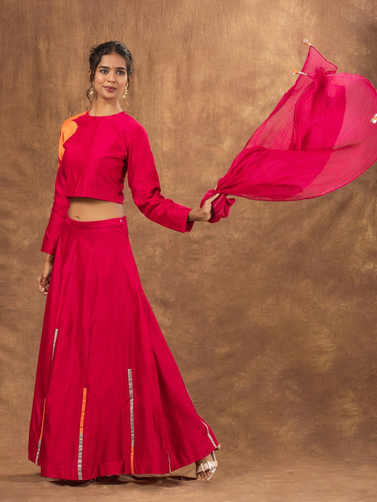 Rani Pink Colour Block Chanderi Skirt. Applique Blouse & Embroidered Tassel Dupatta
