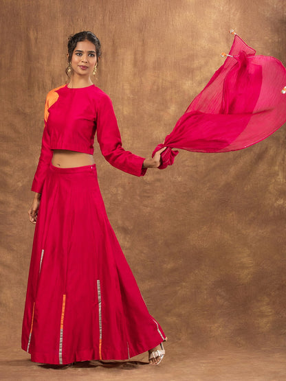 Rani Pink Colour Block Chanderi Skirt. Applique Blouse & Embroidered Tassel Dupatta