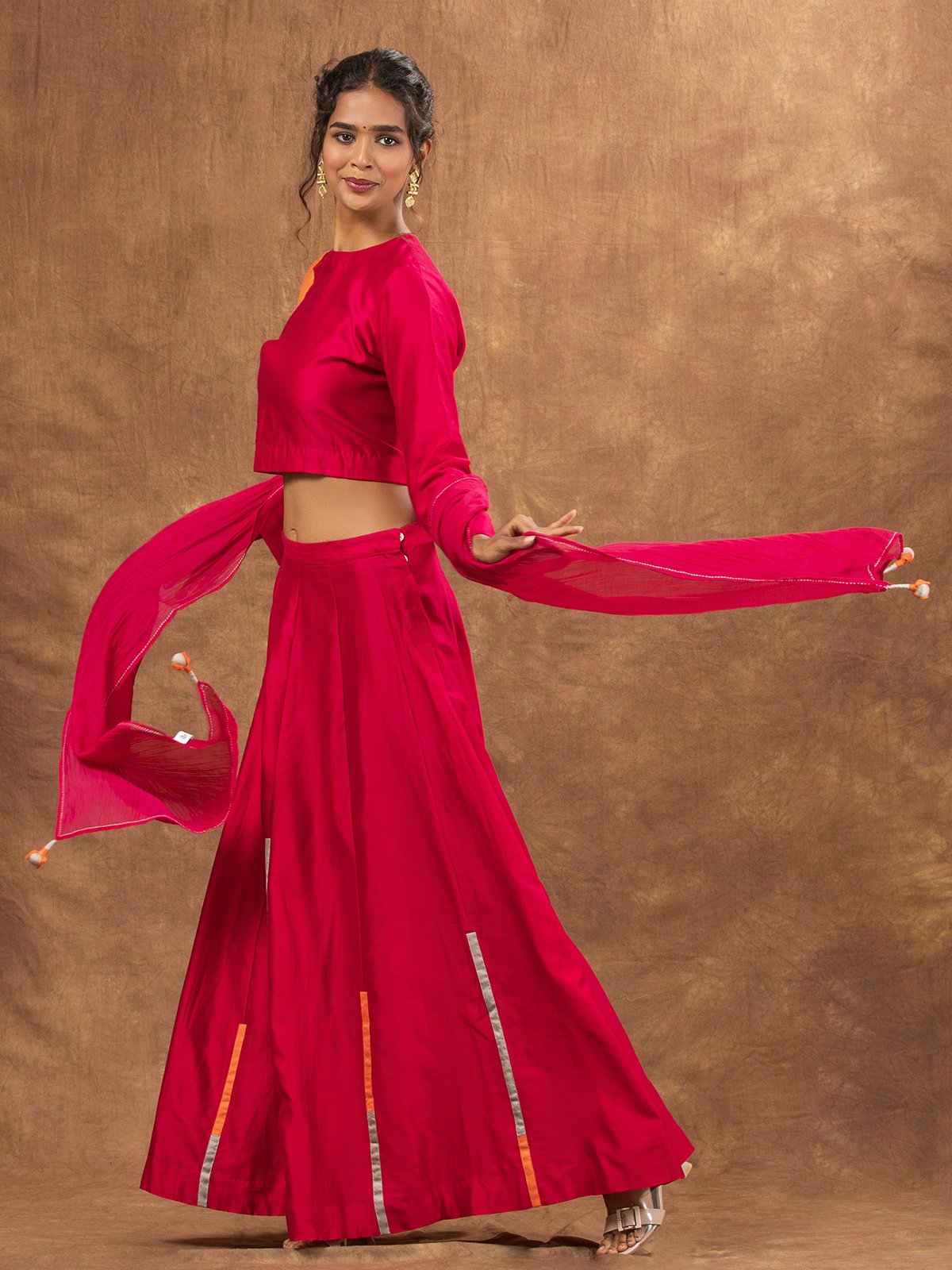 Rani Pink Colour Block Chanderi Skirt. Applique Blouse & Embroidered Tassel Dupatta
