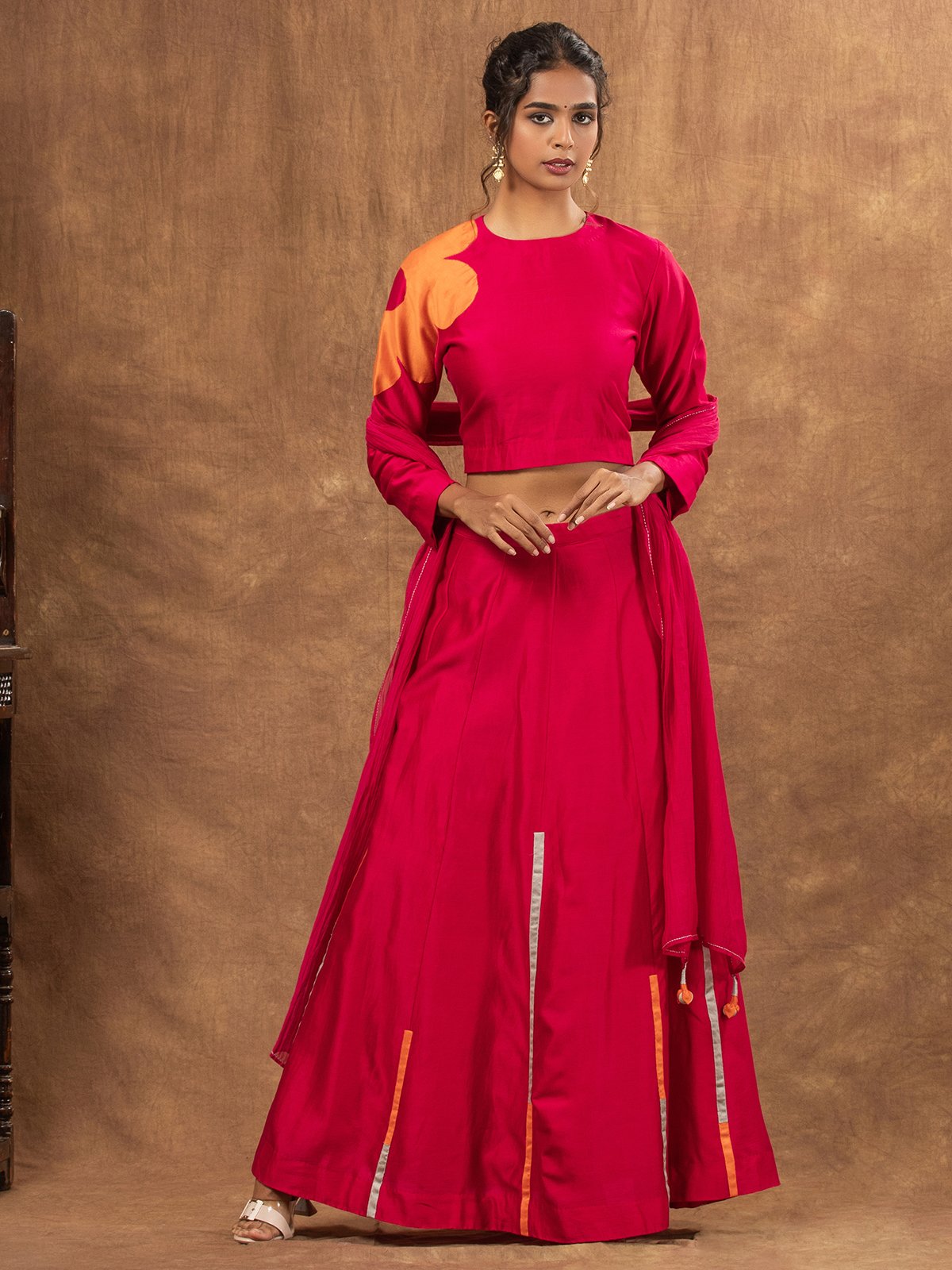 Rani Pink Colour Block Chanderi Skirt. Applique Blouse & Embroidered Tassel Dupatta