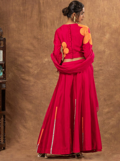 Rani Pink Colour Block Chanderi Skirt. Applique Blouse & Embroidered Tassel Dupatta