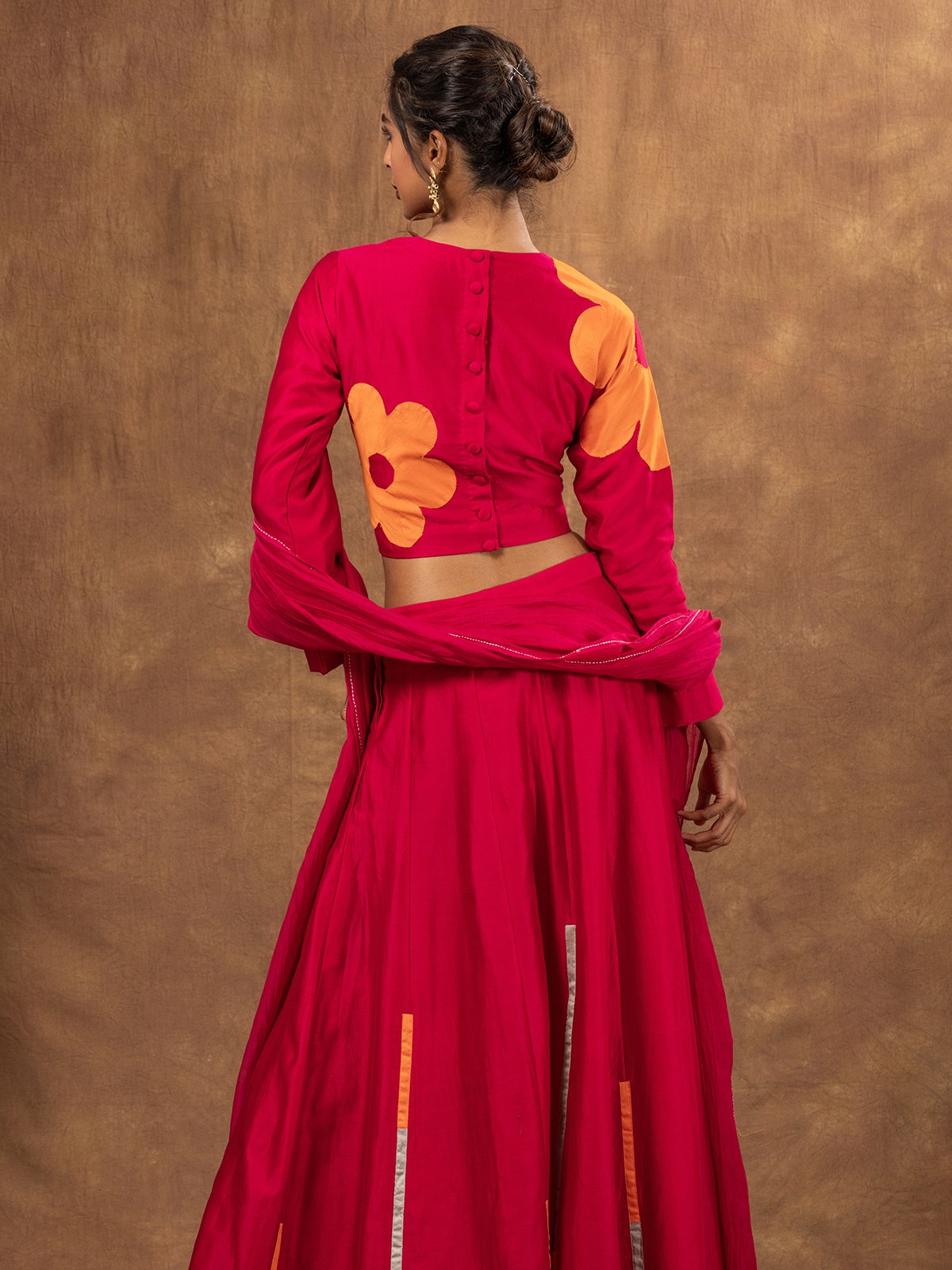 Rani Pink Colour Block Chanderi Skirt. Applique Blouse & Embroidered Tassel Dupatta