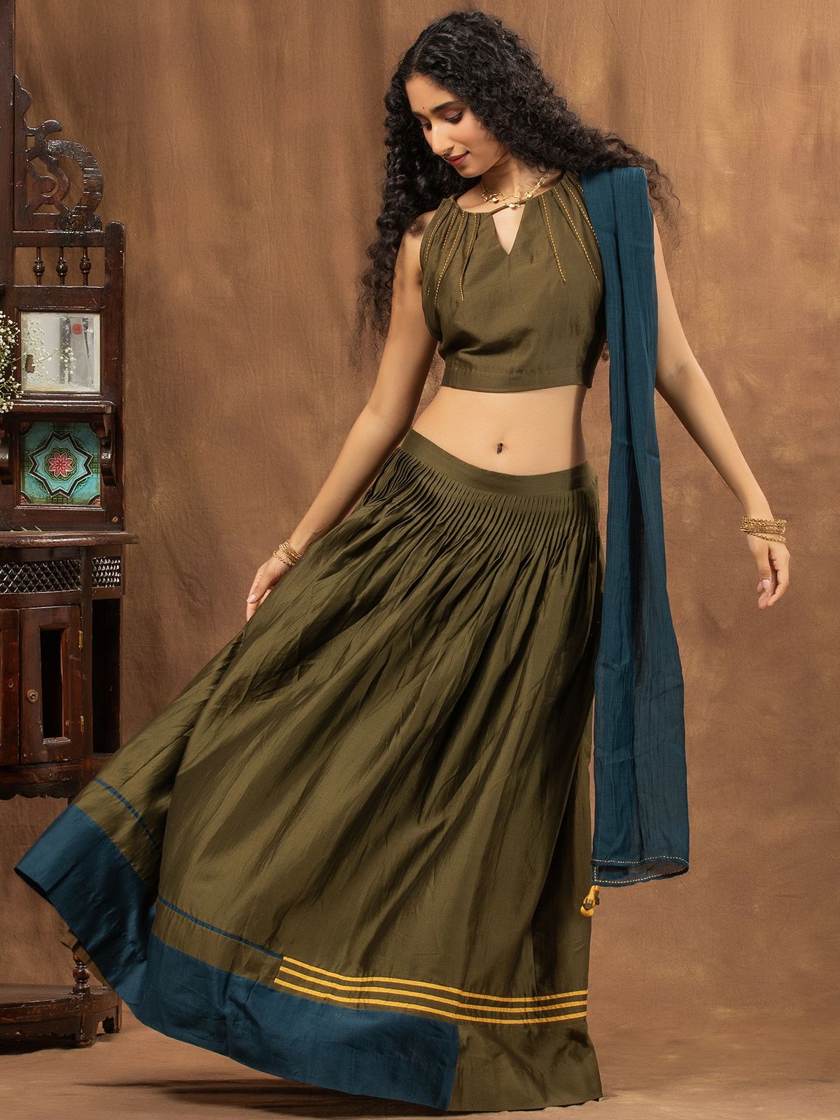 Olive Green Colour-Block Chanderi Skirt Set With Halter Neck Blouse & Dupatta