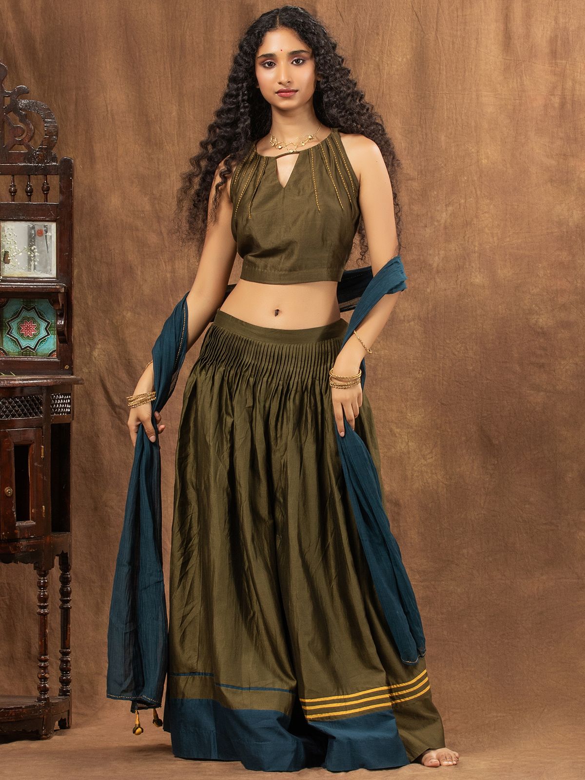 Olive Green Colour-Block Chanderi Skirt Set With Halter Neck Blouse & Dupatta