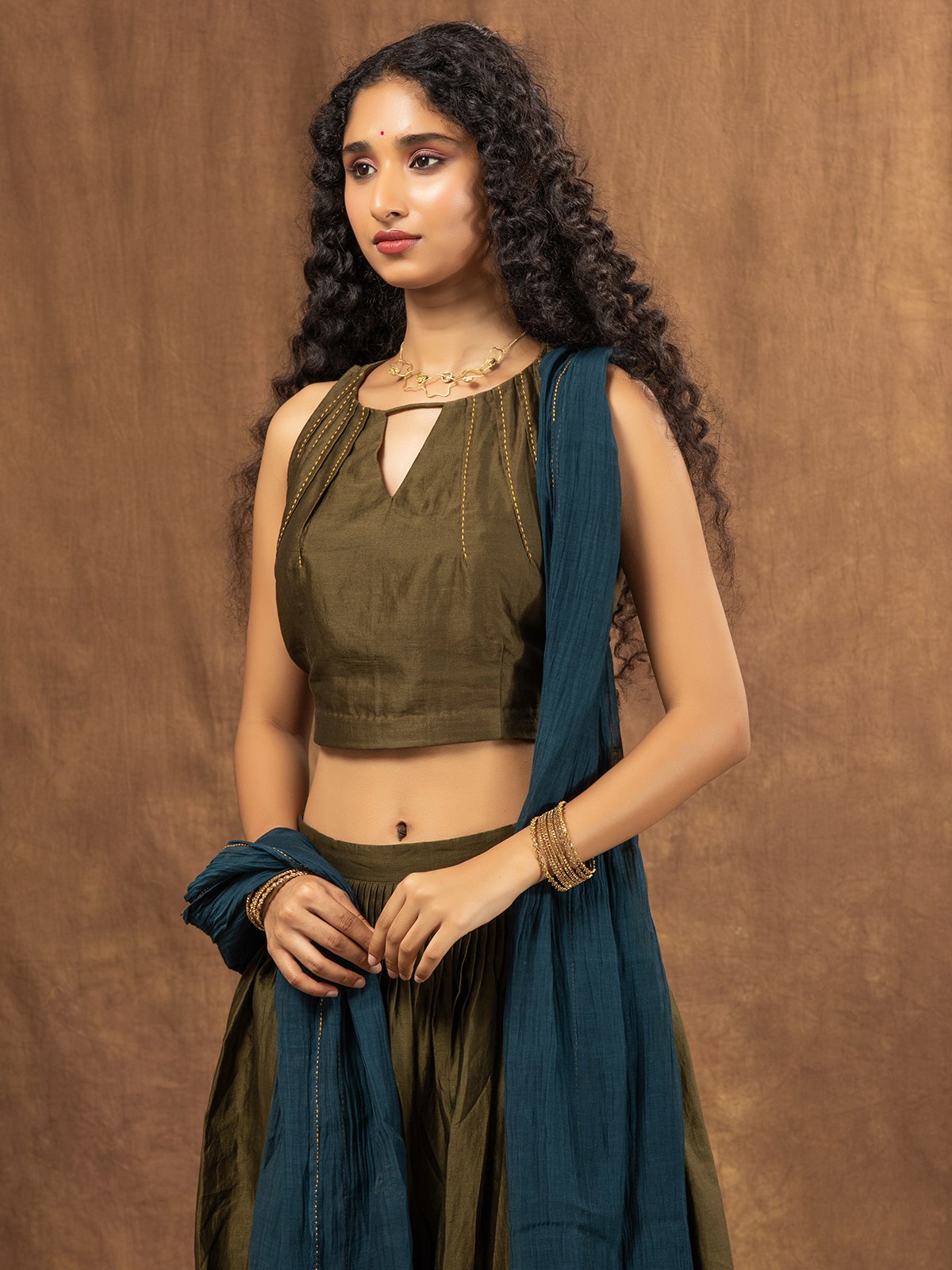 Olive Green Colour-Block Chanderi Skirt Set With Halter Neck Blouse & Dupatta