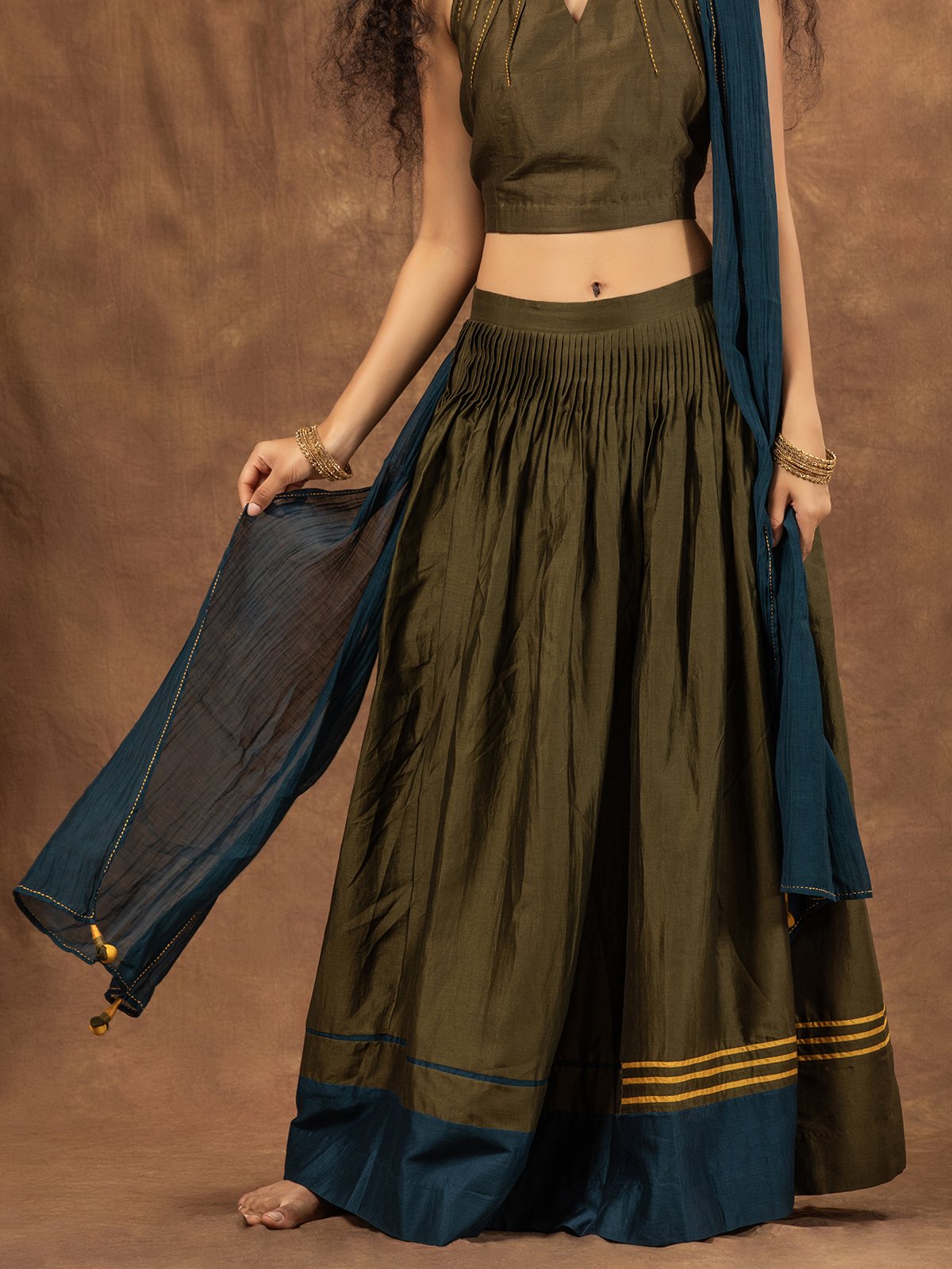 Olive Green Colour-Block Chanderi Skirt Set With Halter Neck Blouse & Dupatta
