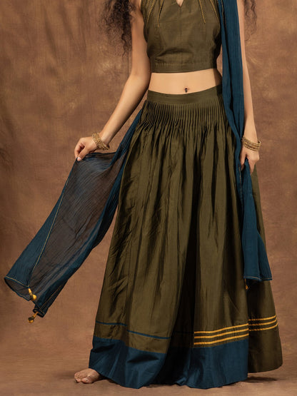 Olive Green Colour-Block Chanderi Skirt Set With Halter Neck Blouse & Dupatta