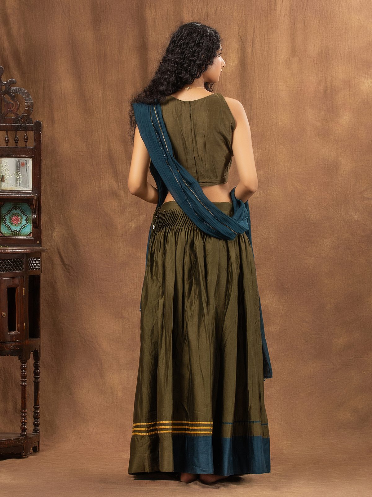 Olive Green Colour-Block Chanderi Skirt Set With Halter Neck Blouse & Dupatta