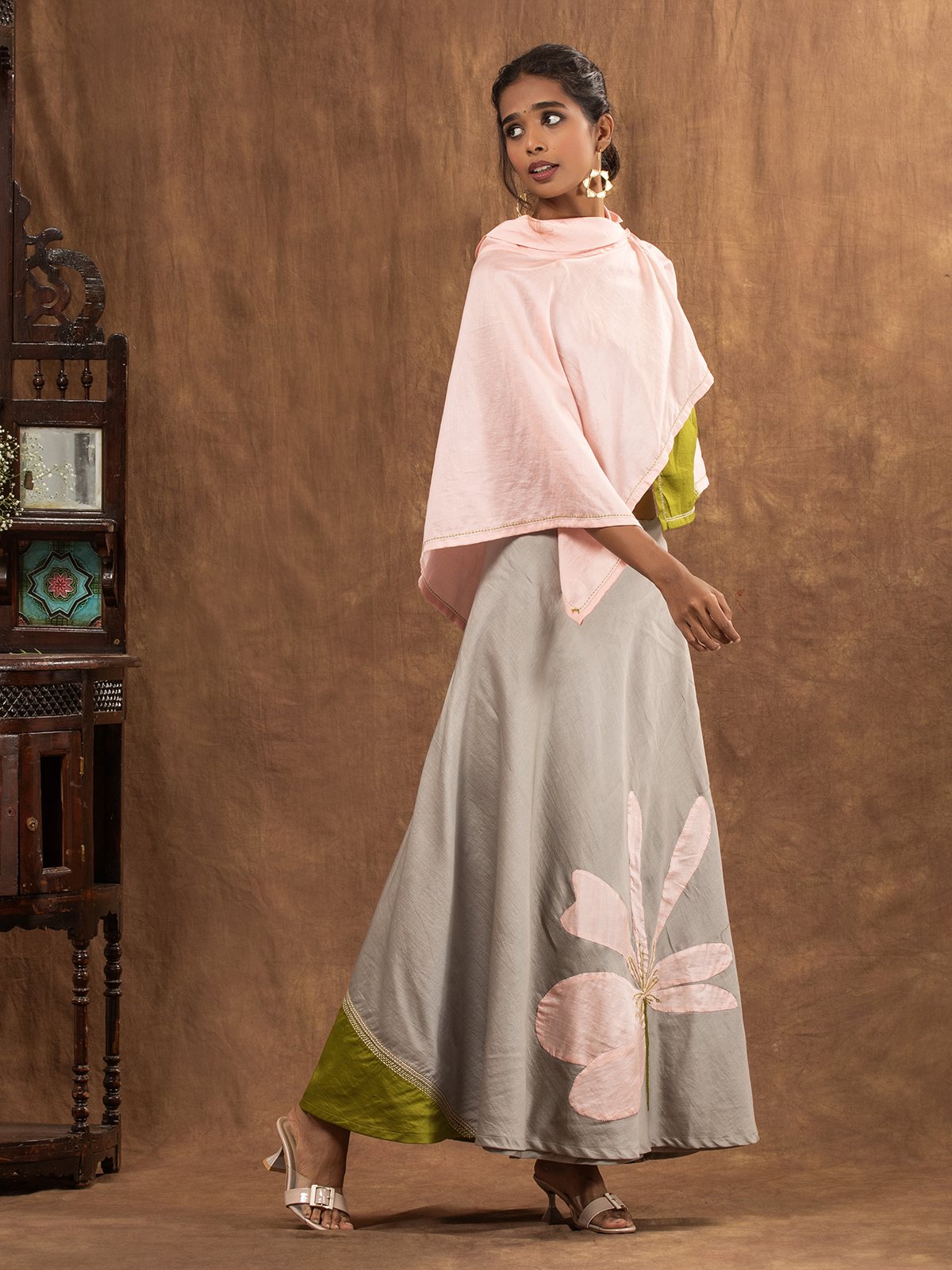 Neutral Grey Floral Motif Applique Chanderi Wrap Skirt,Sleeveless Blouse & Cape