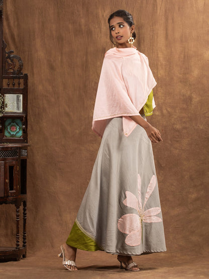 Neutral Grey Floral Motif Applique Chanderi Wrap Skirt,Sleeveless Blouse & Cape