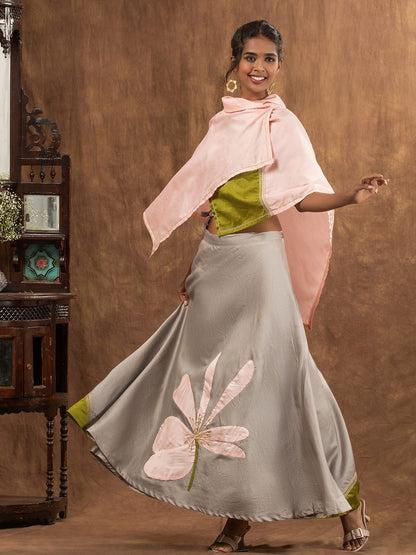 Neutral Grey Floral Motif Applique Chanderi Wrap Skirt,Sleeveless Blouse & Cape