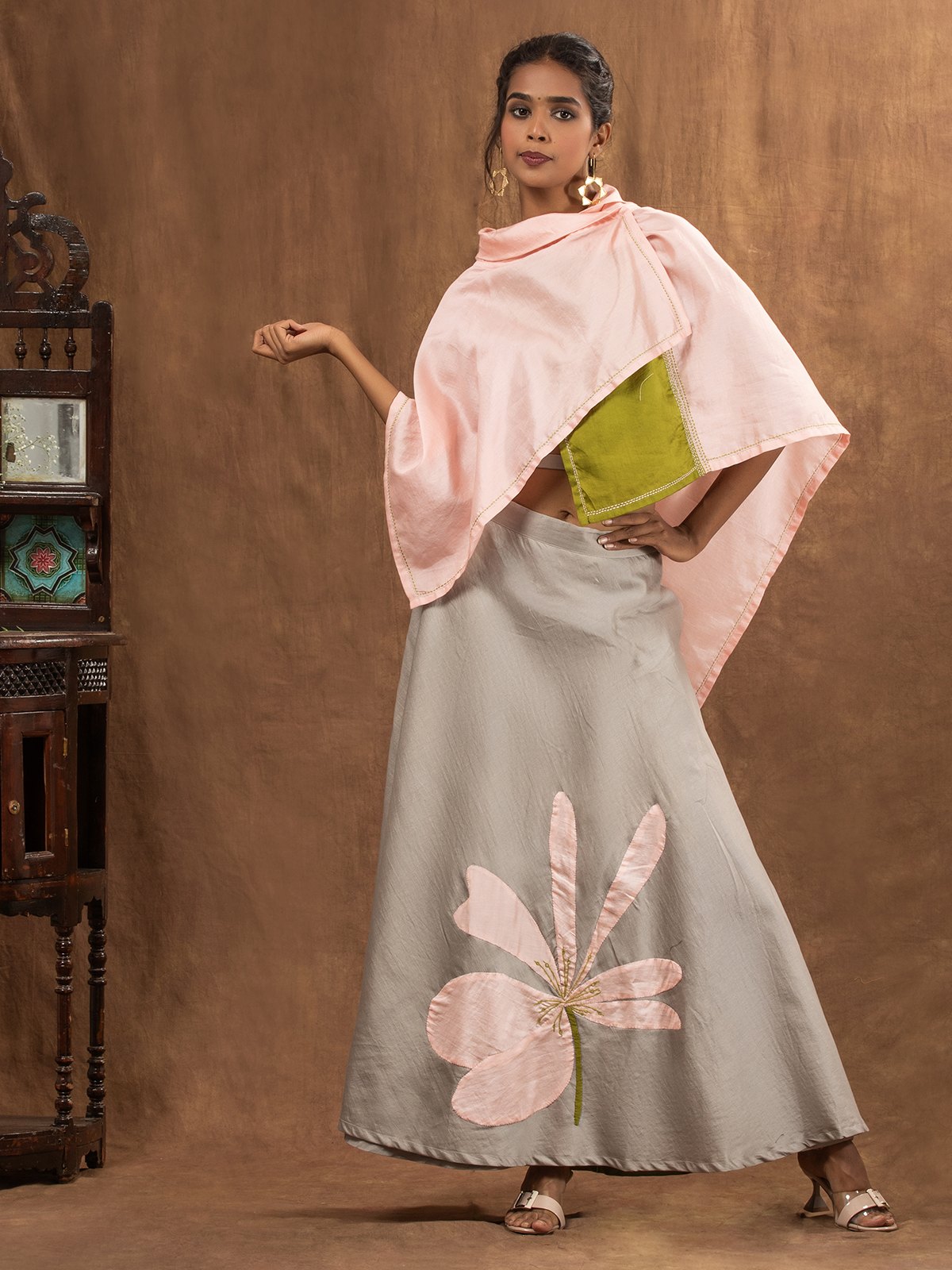 Neutral Grey Floral Motif Applique Chanderi Wrap Skirt,Sleeveless Blouse & Cape