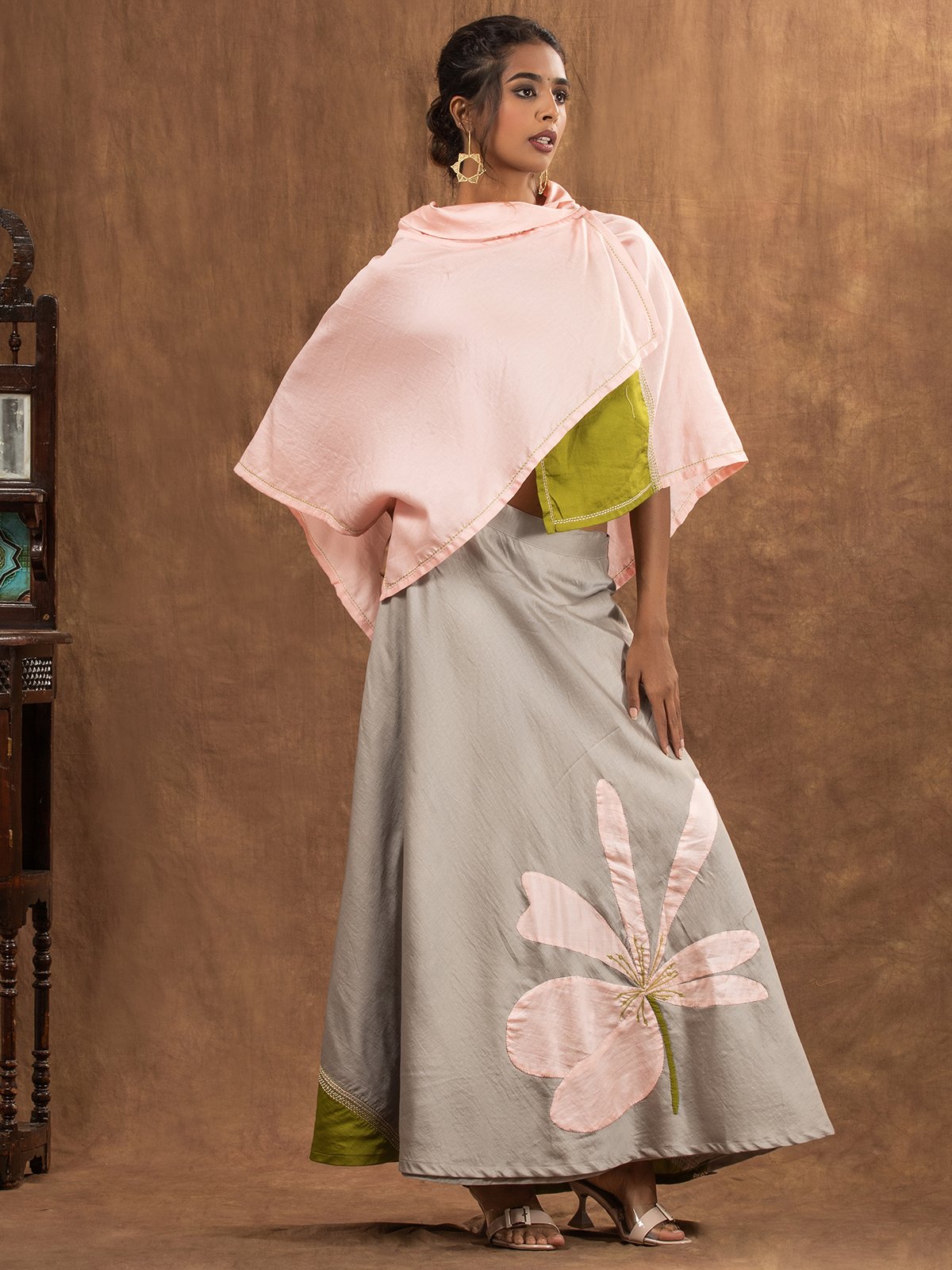 Neutral Grey Floral Motif Applique Chanderi Wrap Skirt,Sleeveless Blouse & Cape