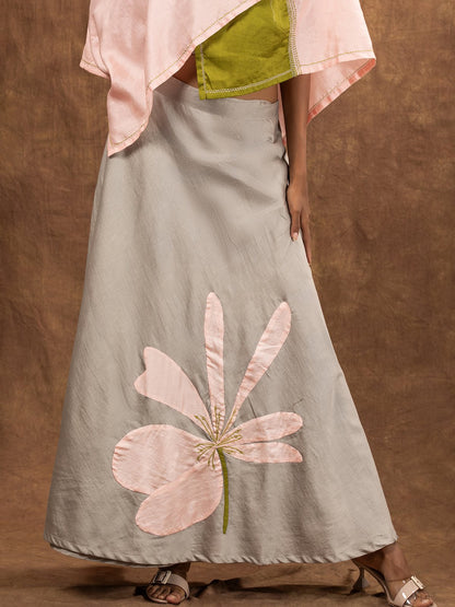 Neutral Grey Floral Motif Applique Chanderi Wrap Skirt,Sleeveless Blouse & Cape