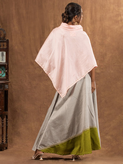 Neutral Grey Floral Motif Applique Chanderi Wrap Skirt,Sleeveless Blouse & Cape