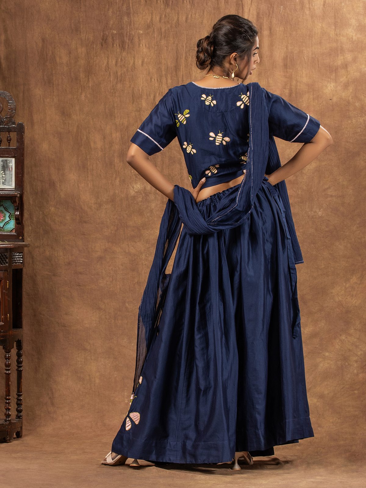 Navy Blue Chanderi Skirt Set with Honey Bee Applique & Sheer Dupatta