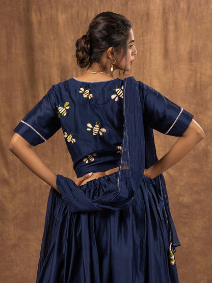Navy Blue Chanderi Skirt Set with Honey Bee Applique & Sheer Dupatta