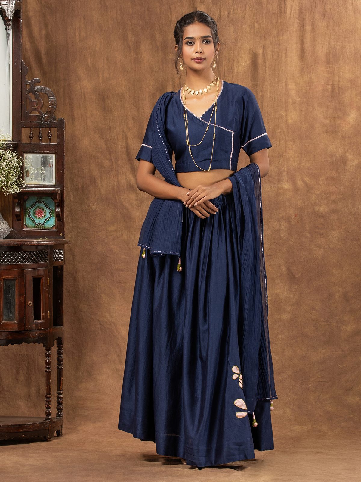 Navy Blue Chanderi Skirt Set with Honey Bee Applique & Sheer Dupatta