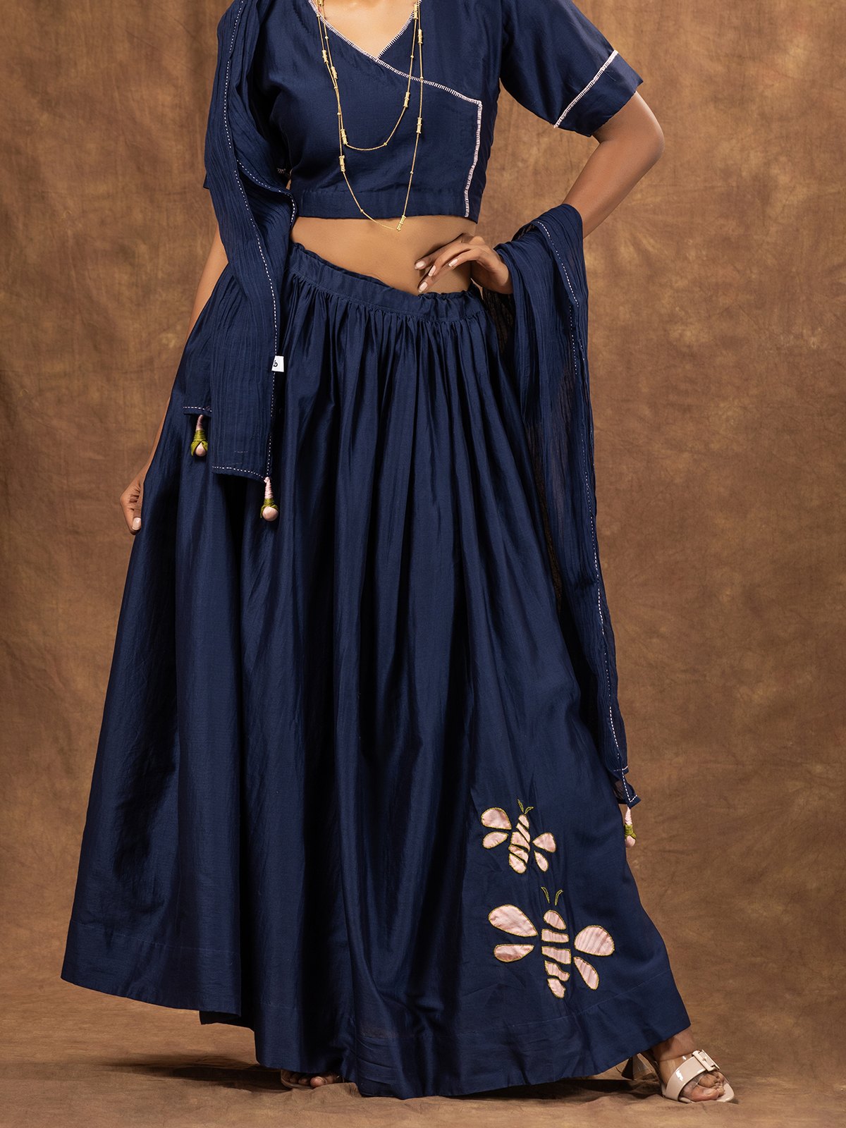 Navy Blue Chanderi Skirt Set with Honey Bee Applique & Sheer Dupatta