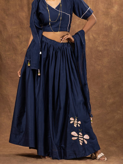 Navy Blue Chanderi Skirt Set with Honey Bee Applique & Sheer Dupatta