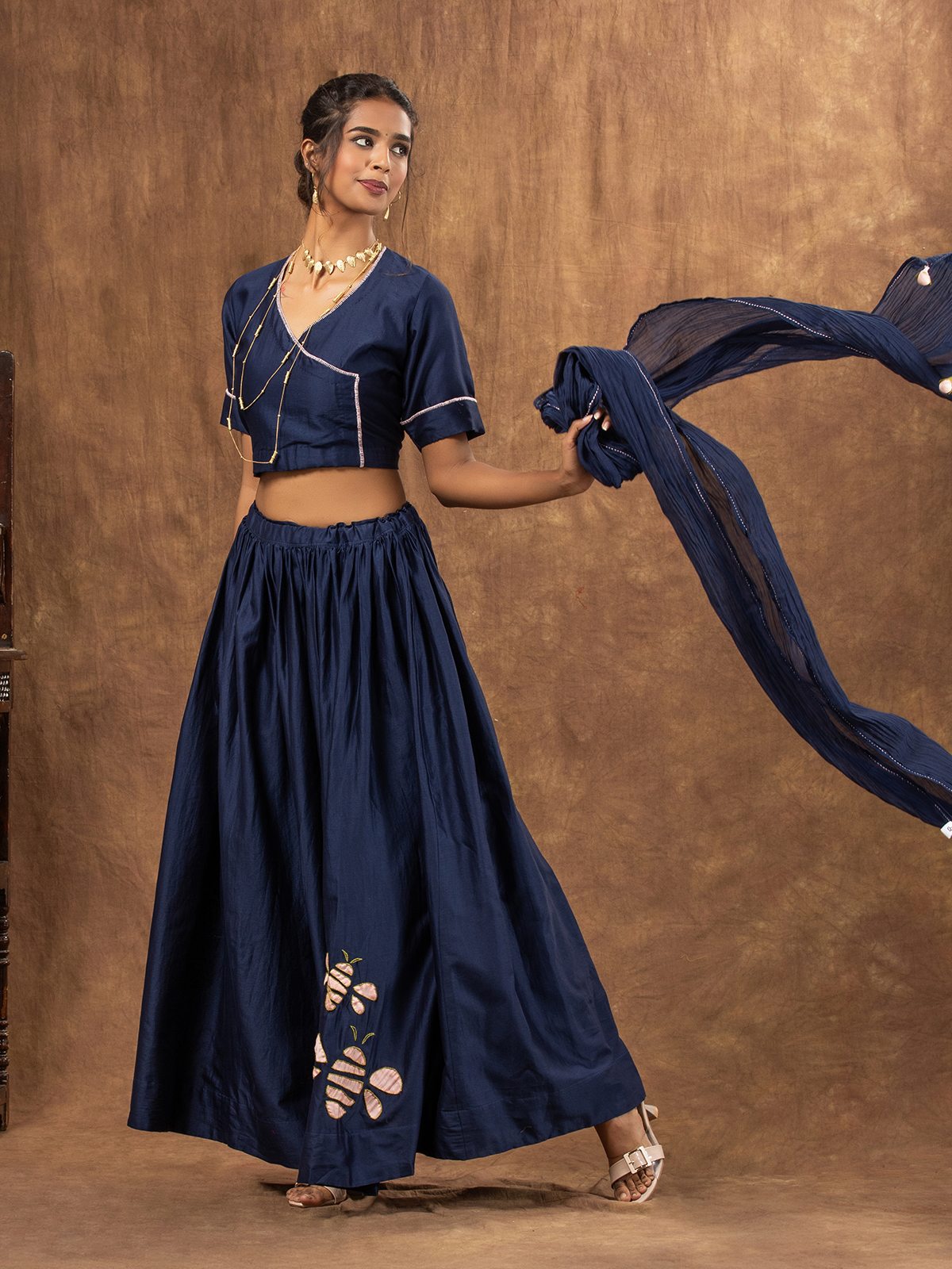 Navy Blue Chanderi Skirt Set with Honey Bee Applique & Sheer Dupatta