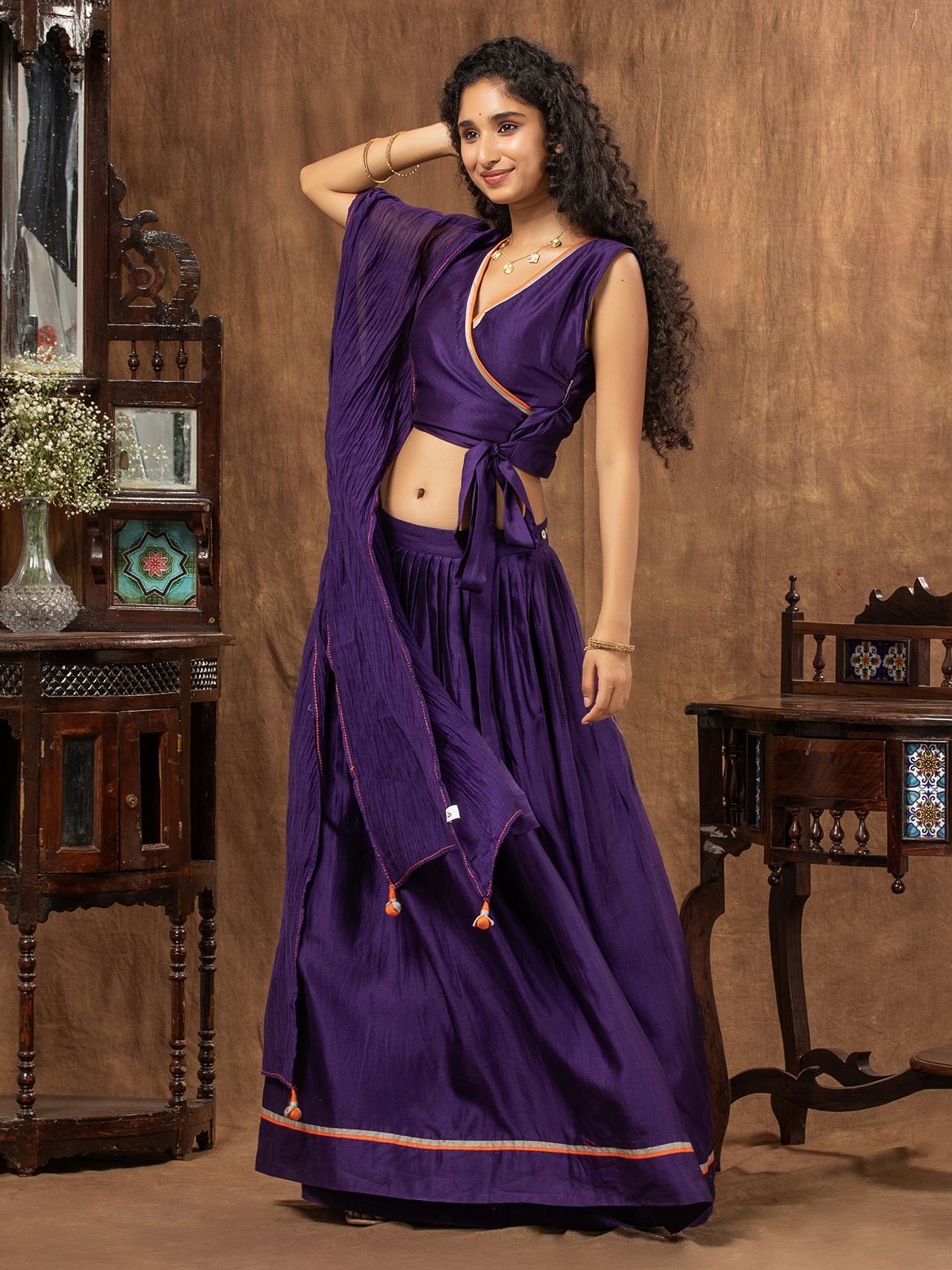 Deep Purple Chanderi Wrap Skirt, Tie-Knot Blouse & Dupatta