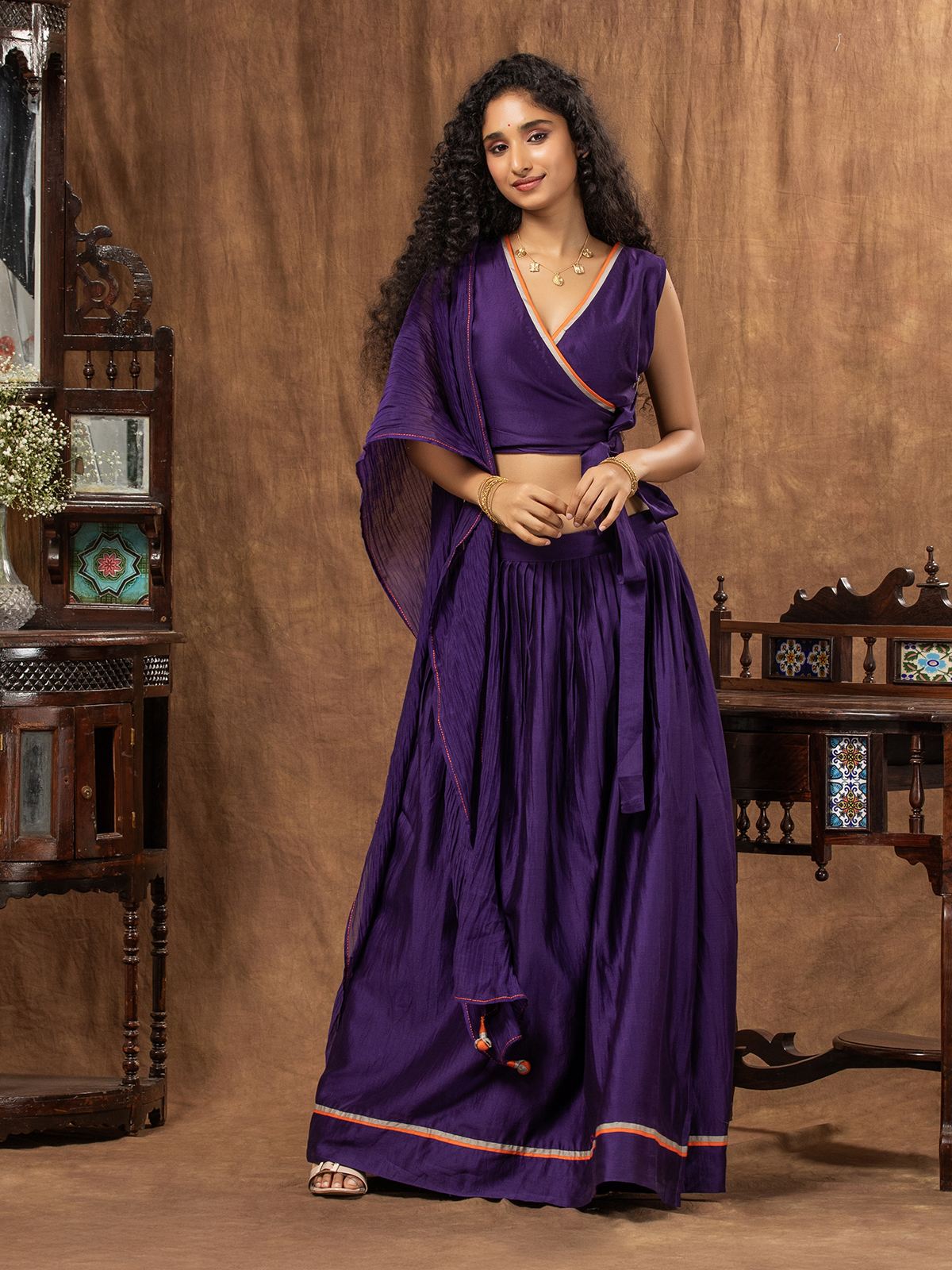 Deep Purple Chanderi Wrap Skirt, Tie-Knot Blouse & Dupatta