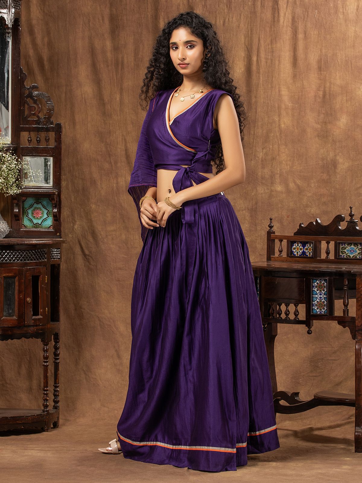 Deep Purple Chanderi Wrap Skirt, Tie-Knot Blouse & Dupatta
