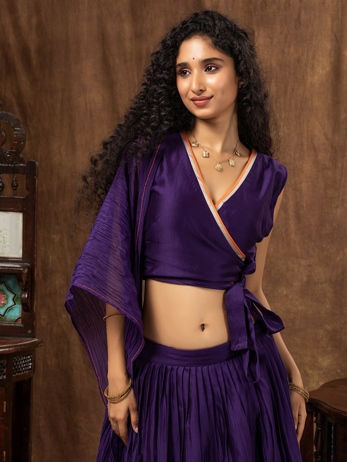 Deep Purple Chanderi Wrap Skirt, Tie-Knot Blouse & Dupatta