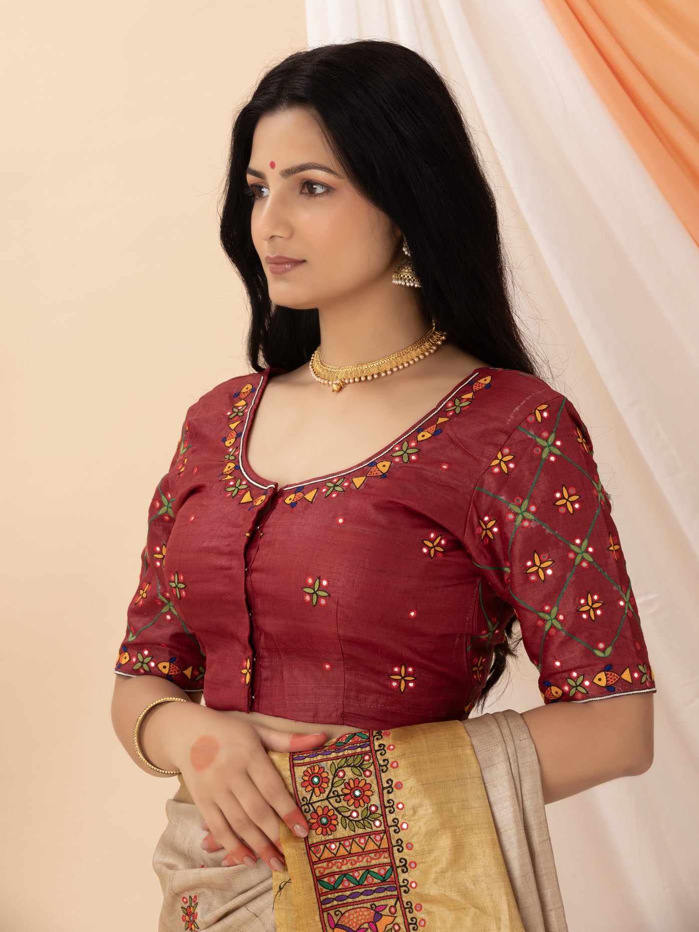 Maroon Aari Work Hand Embroidered Wild Silk Blouse