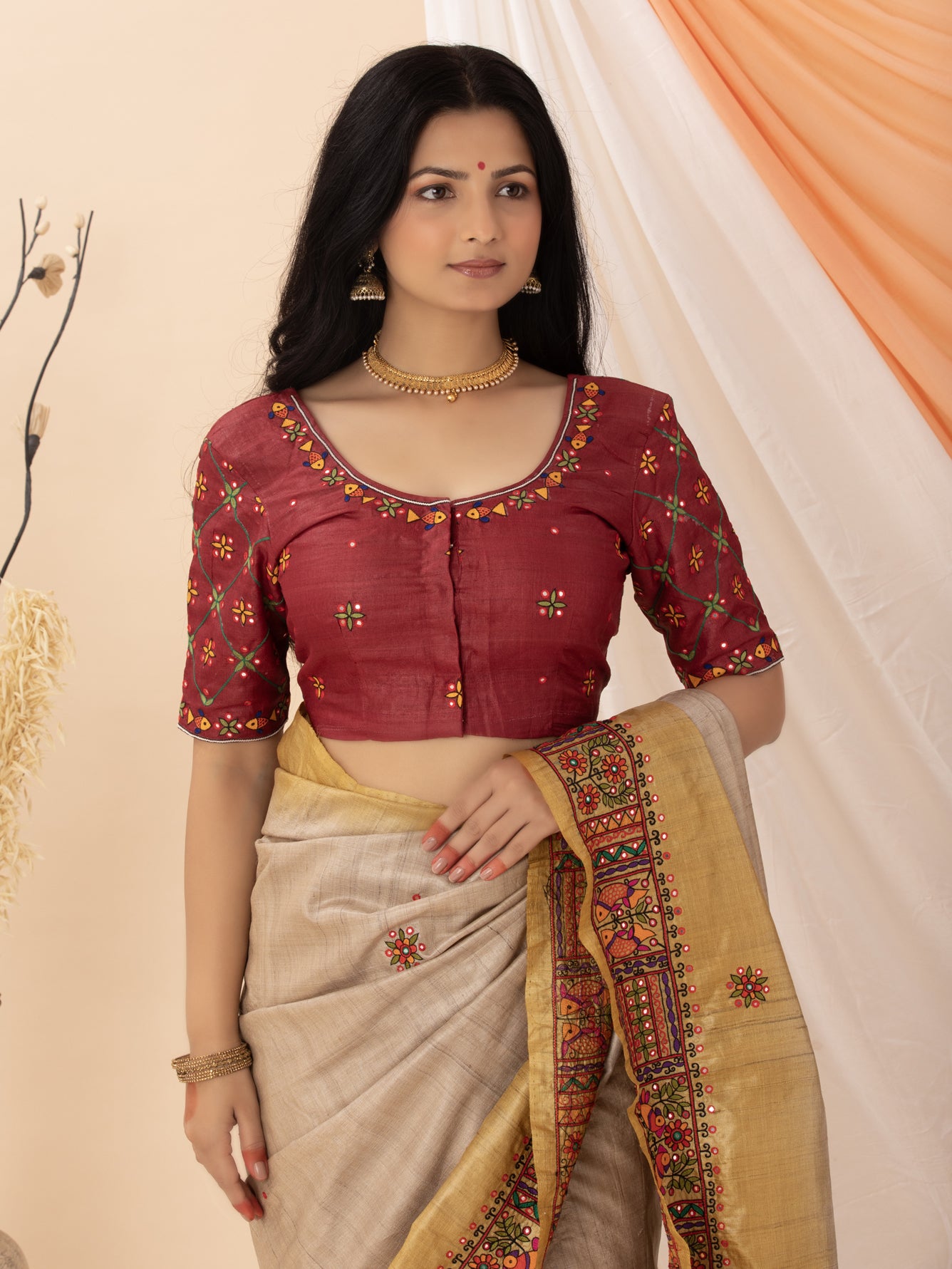 Maroon Aari Work Hand Embroidered Wild Silk Blouse