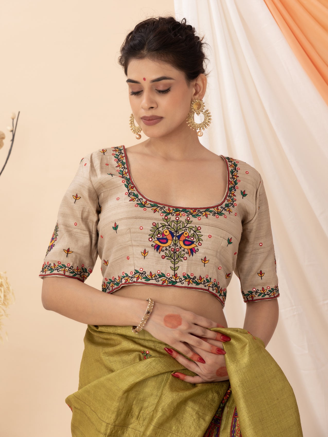 Beige Aari Work Hand Embroidered Wild Silk Blouse