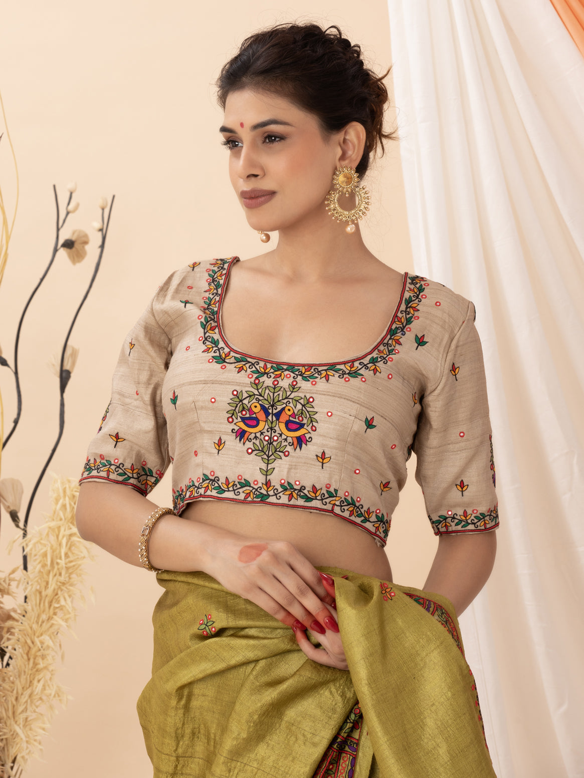Beige Aari Work Hand Embroidered Wild Silk Blouse