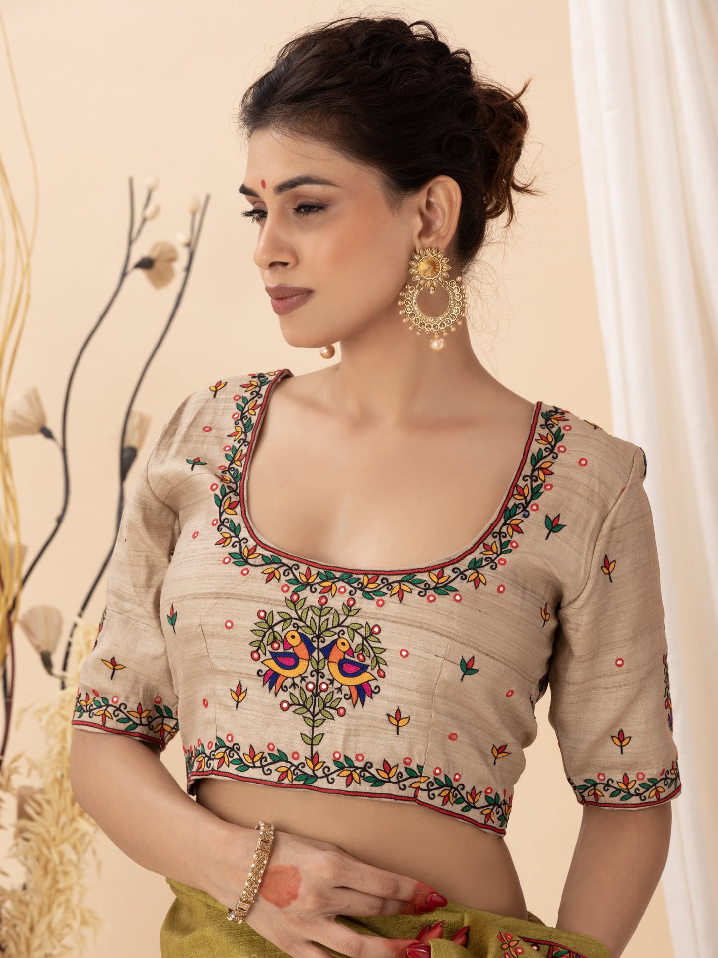 Beige Aari Work Hand Embroidered Wild Silk Blouse