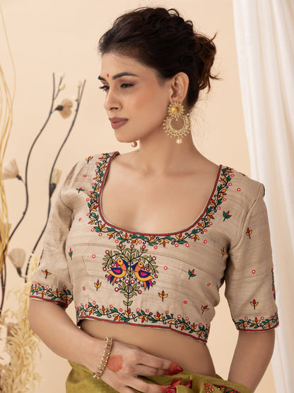 Beige Aari Work Hand Embroidered Wild Silk Blouse