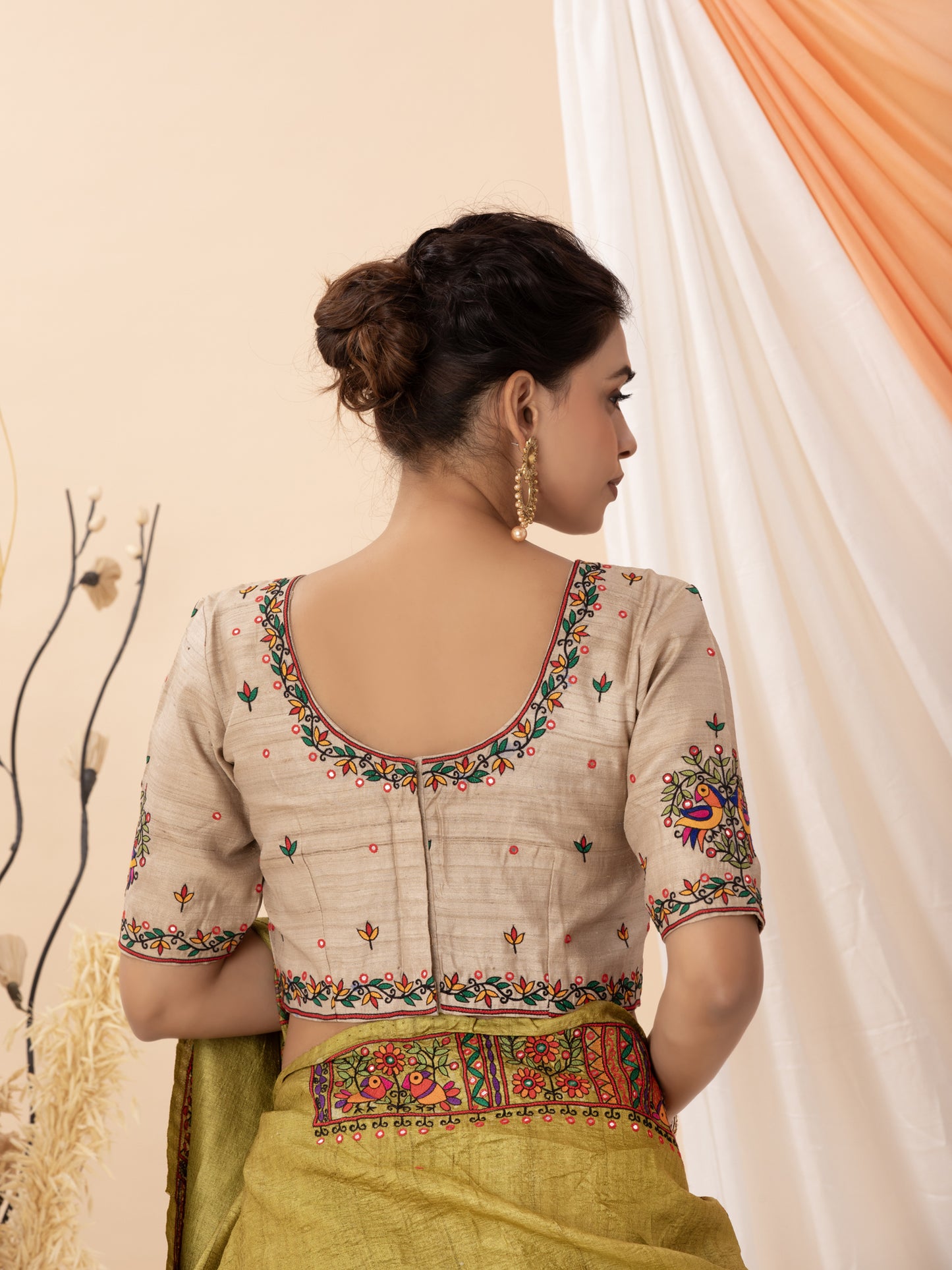 Beige Aari Work Hand Embroidered Wild Silk Blouse