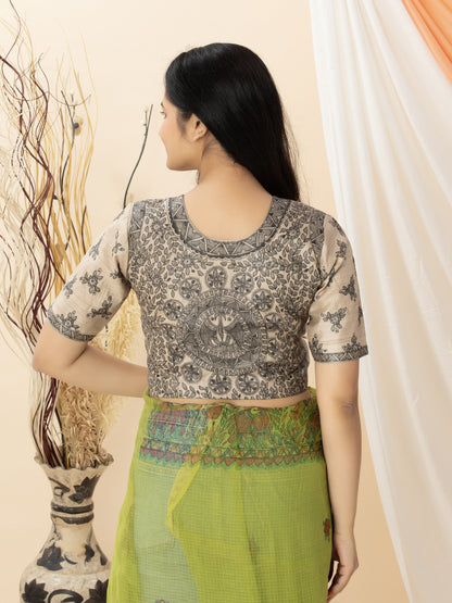 Beige Wild Silk Blouse in Hand Painted Madhubani