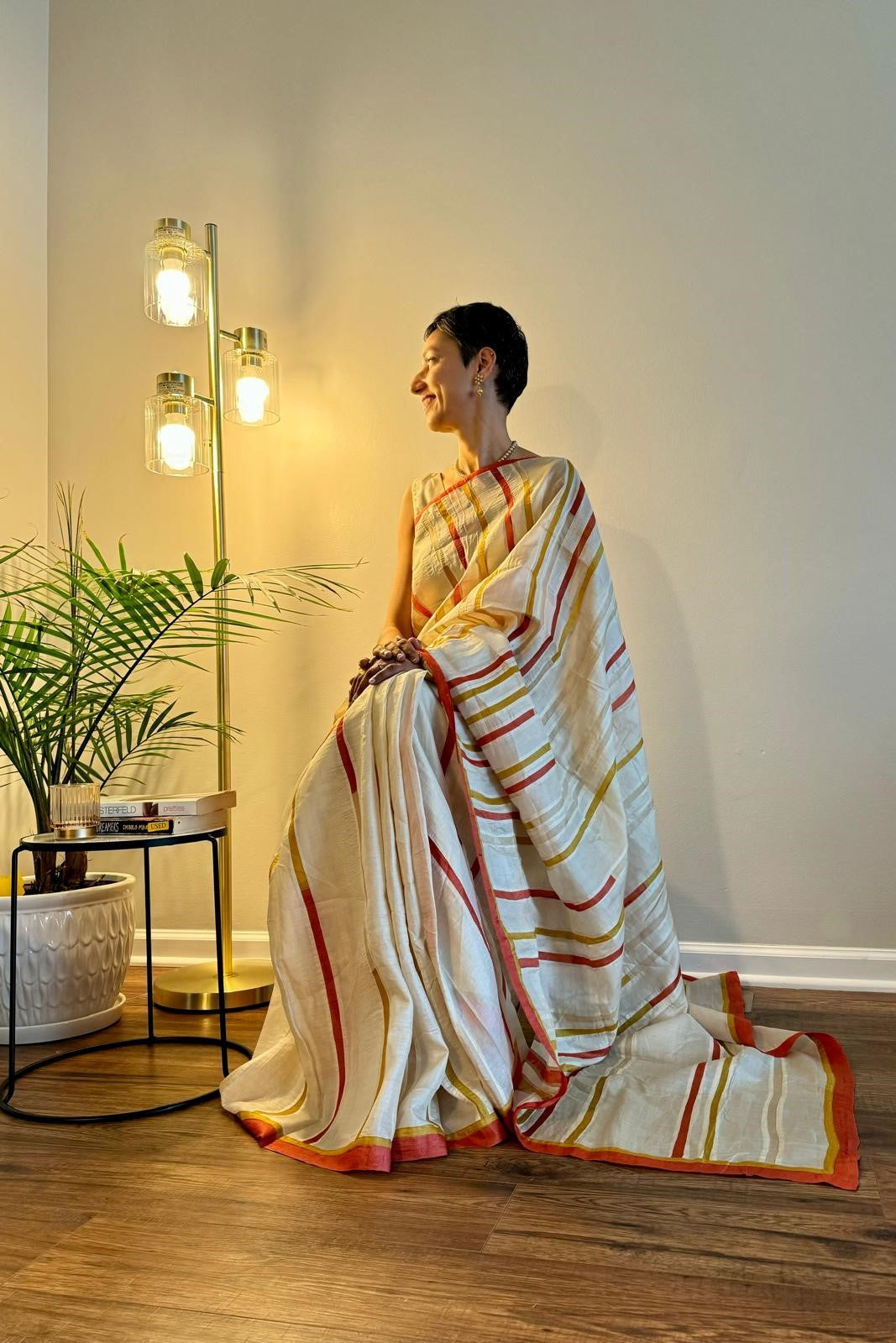 Off-White Colour Block Wild Silk Saree