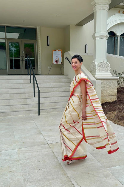 Off-White Multi-Colour Block Wild Silk Saree-bihart