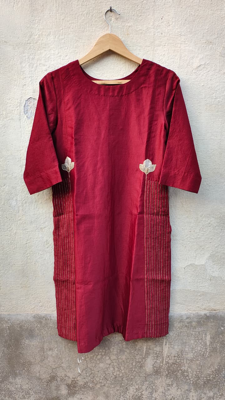 Maroon Chanderi Applique and Sujani Embroidered Kurti For Women