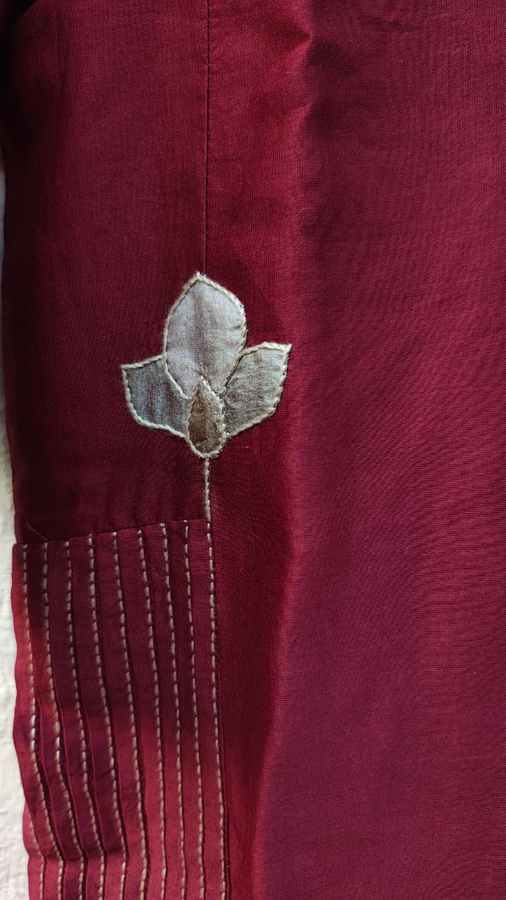 Maroon Chanderi Applique and Sujani Embroidered Kurti For Women