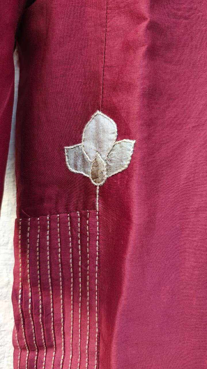 Maroon Chanderi Applique and Sujani Embroidered Kurti For Women