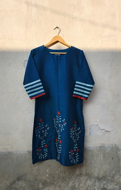 Phool Patti Applique Work Teal Chanderi Kurti For Women