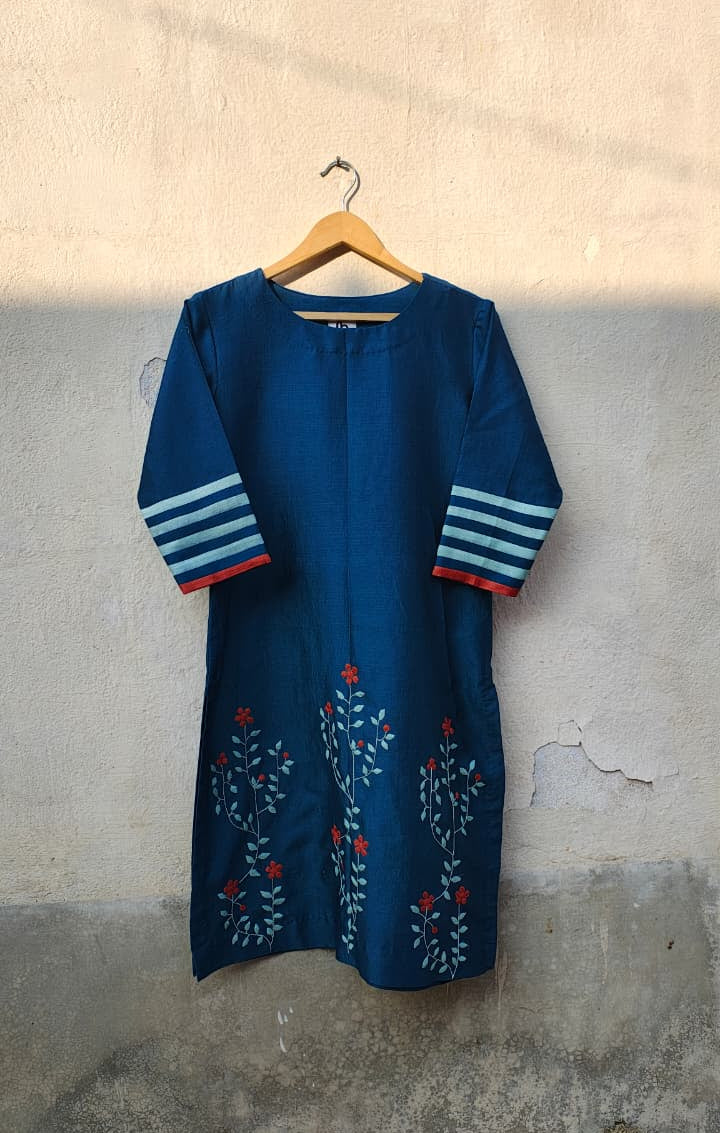 Phool Patti Applique Work Teal Chanderi Kurti For Women