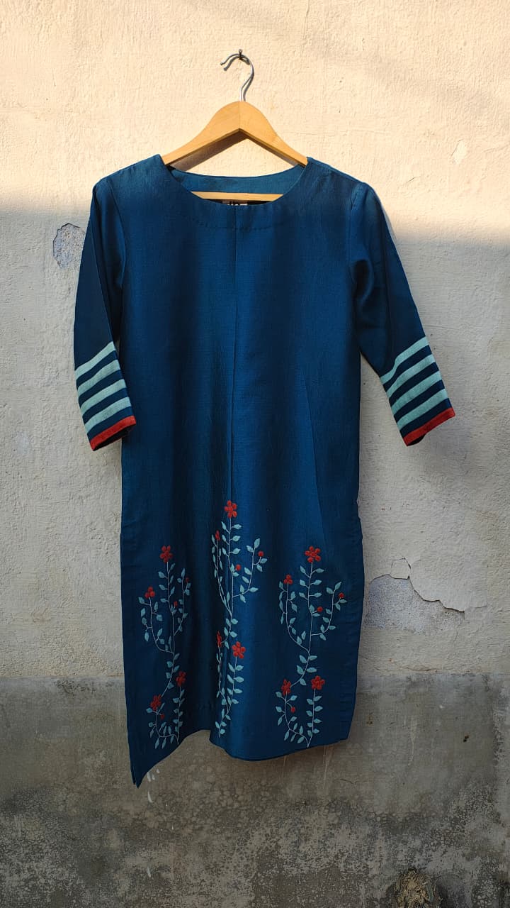 Phool Patti Applique Work Teal Chanderi Kurti For Women