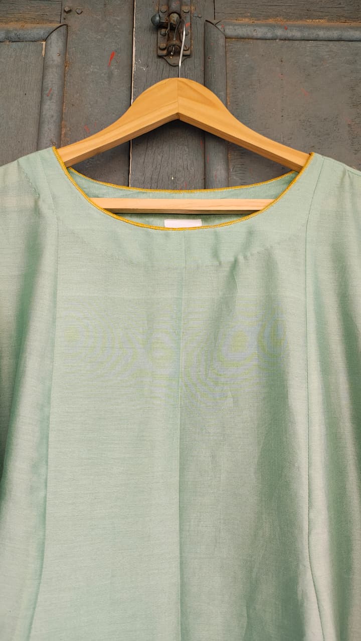 Sea Green A-Line Chanderi Kurti Hand Embroidered in Sujani