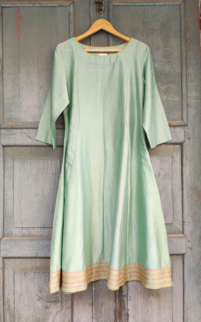 Sea Green A-Line Chanderi Kurti Hand Embroidered in Sujani